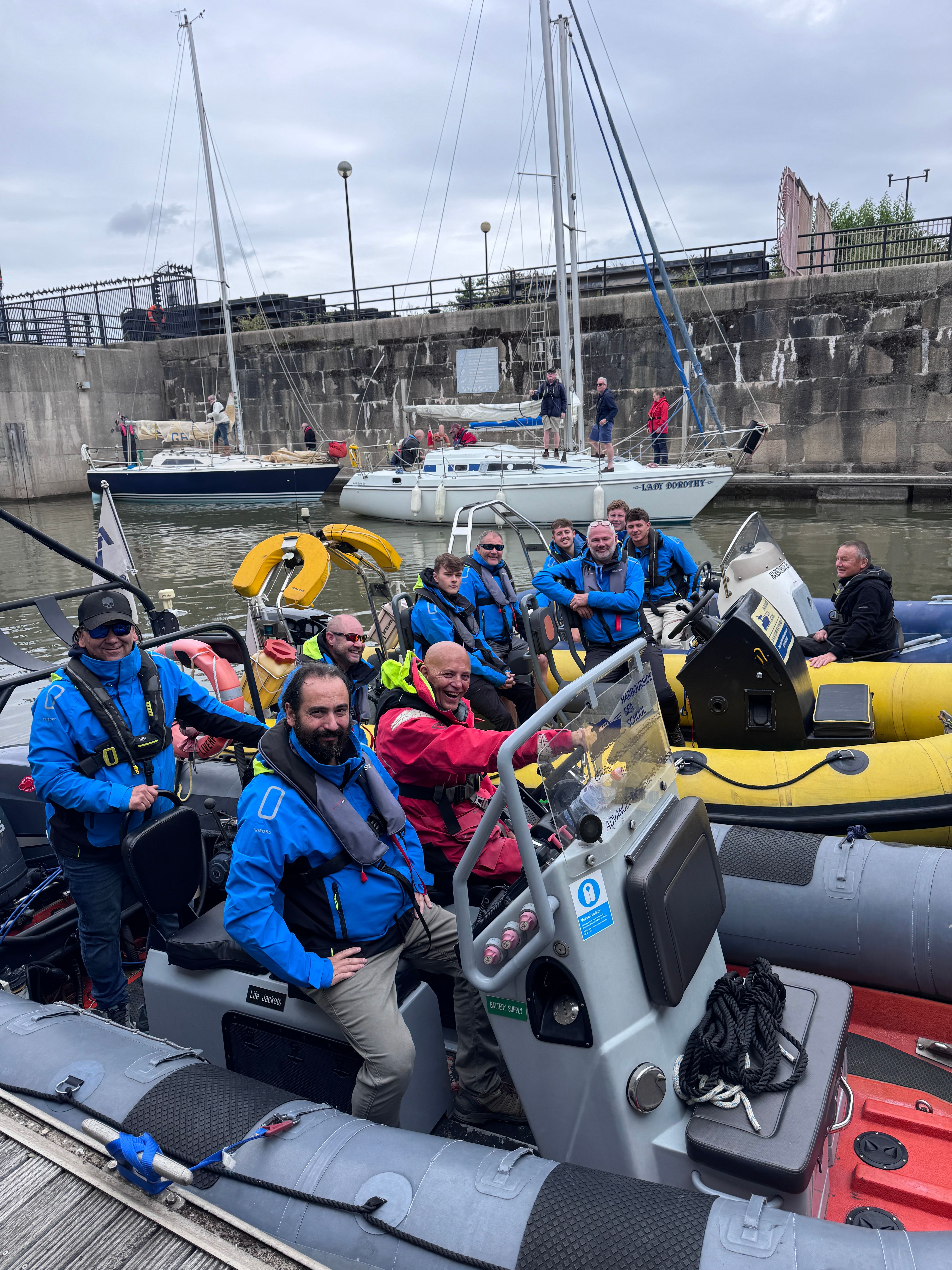 A Harbourside Sea School group aboard powerboats at Liverpool Marina