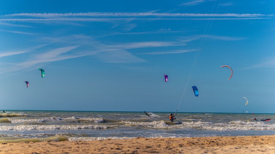 A wide view of a kitesurfing spot