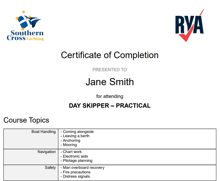 Sample RYA-format certificate with centre branding