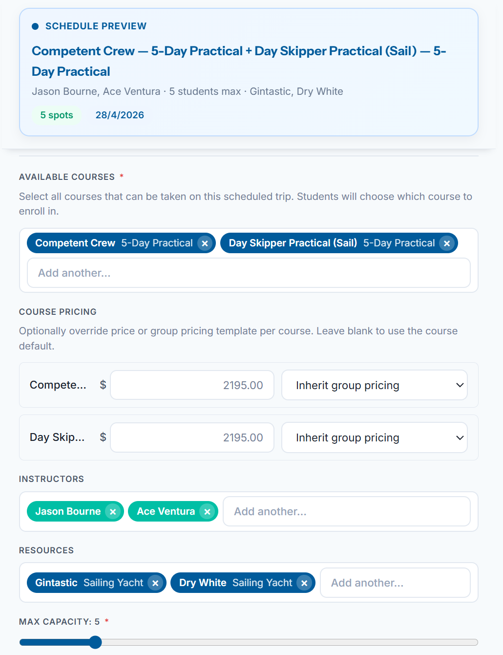 Multi-course, multi-vessel, multi-instructor scheduling for RYA training centres