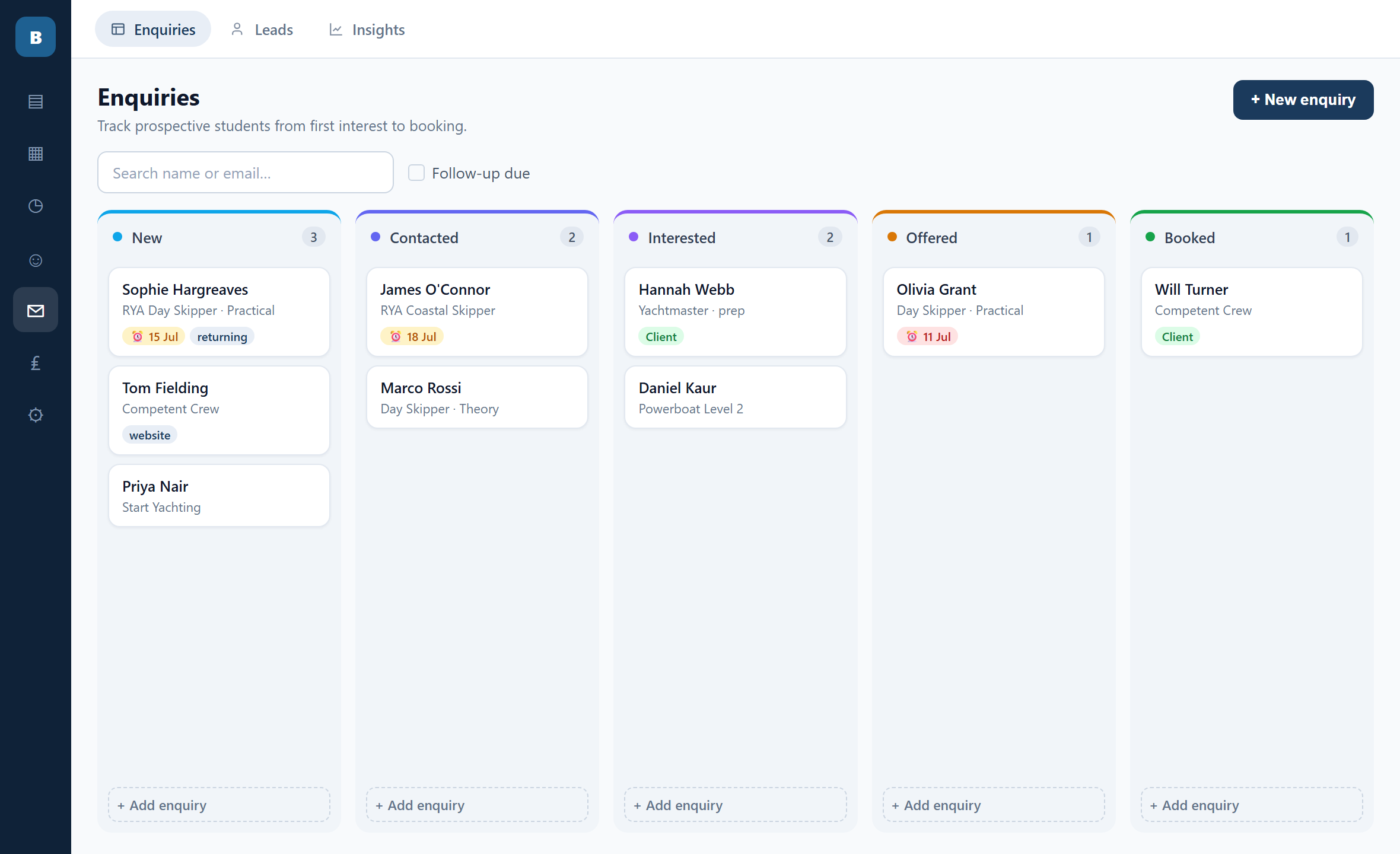 The Broad Reach enquiry board: customer cards across conversation stages with follow-up dates