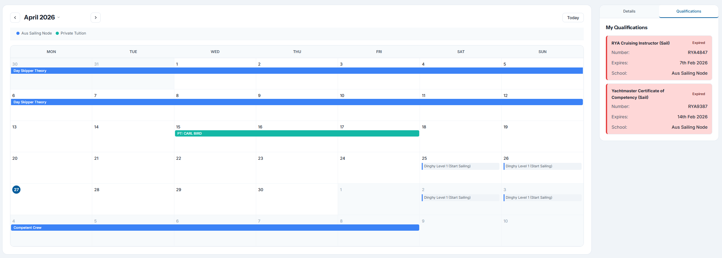 Instructor portal showing schedule, students and sign-off requests