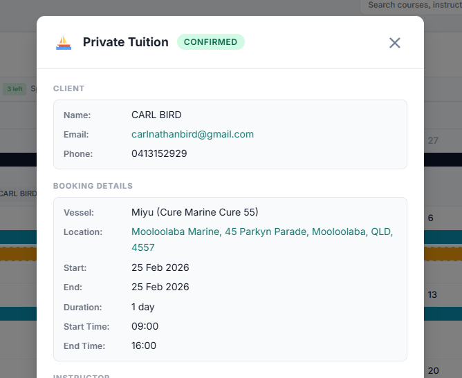 Private RYA tuition booking with custom hours and bespoke pricing