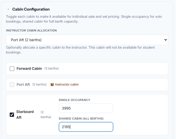 Cabin configuration with per-cabin pricing for liveaboard RYA courses