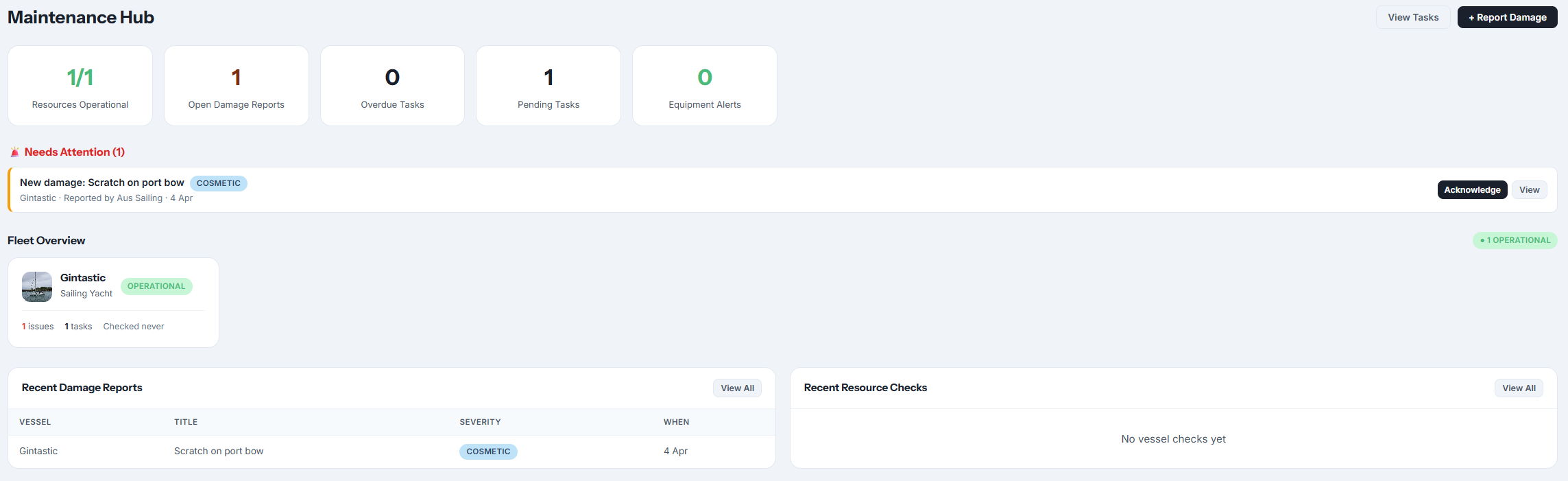Vessel maintenance log with services, defects and reminders