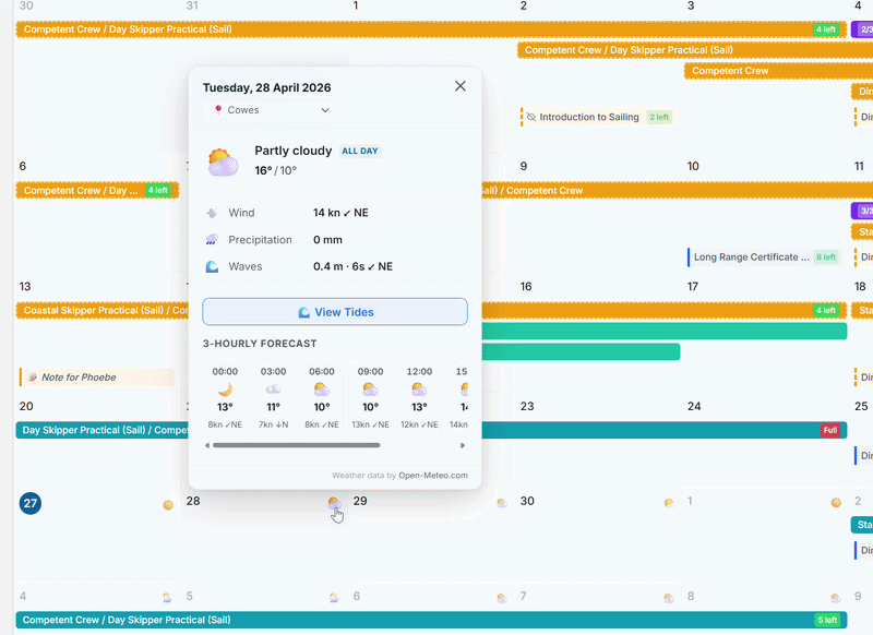 Weather forecast and tide times overlaid on the RYA course calendar
